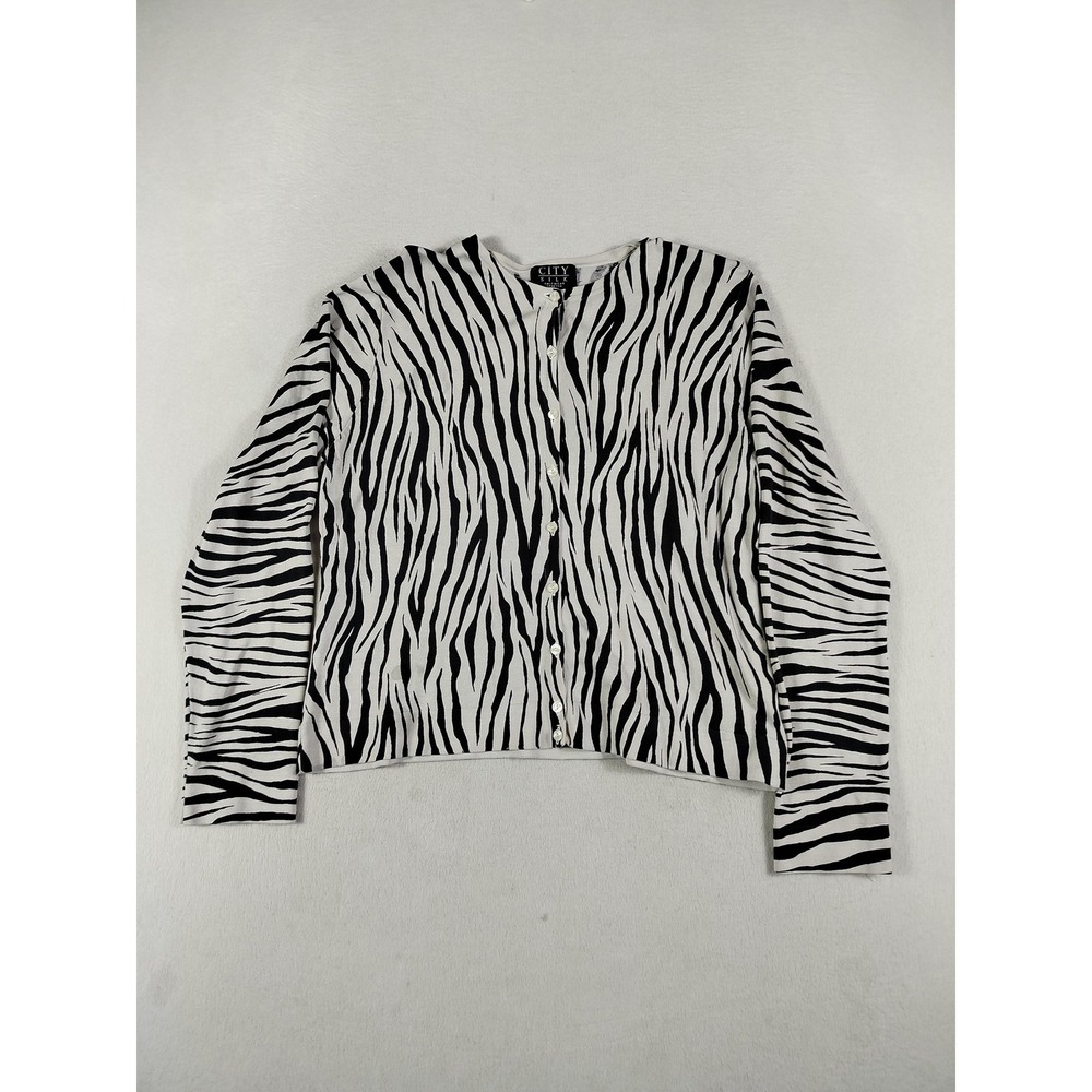 City Silk Cardigan Sweater Womens XL Black White Zebra Print Knit Silk Blend